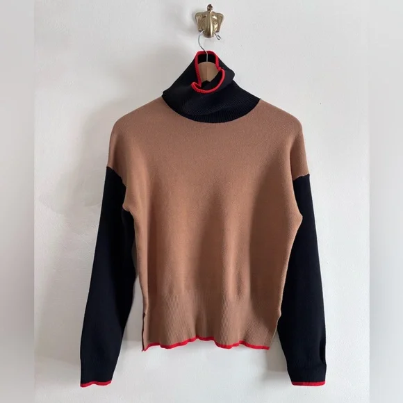 Tahari Colorblock Cowlneck Sweater in Camel, Black and Red Trim size M - Picture 2 of 6